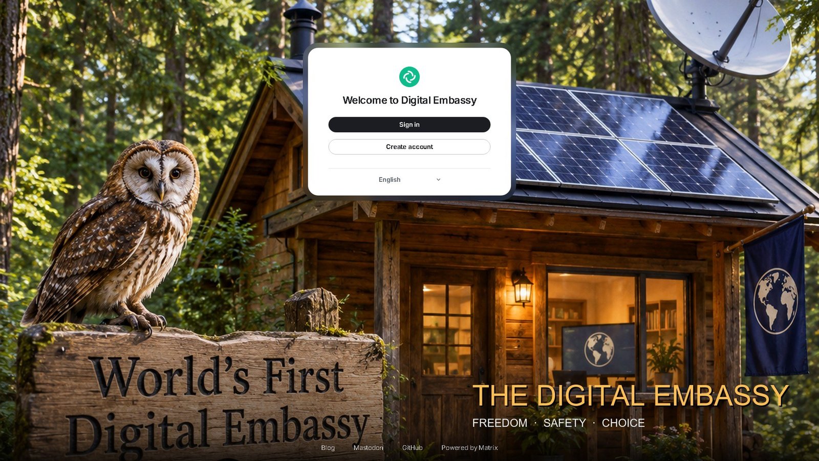The Embassy Lounge login gate, branded with the cabin, solar roof and the owl on the sign